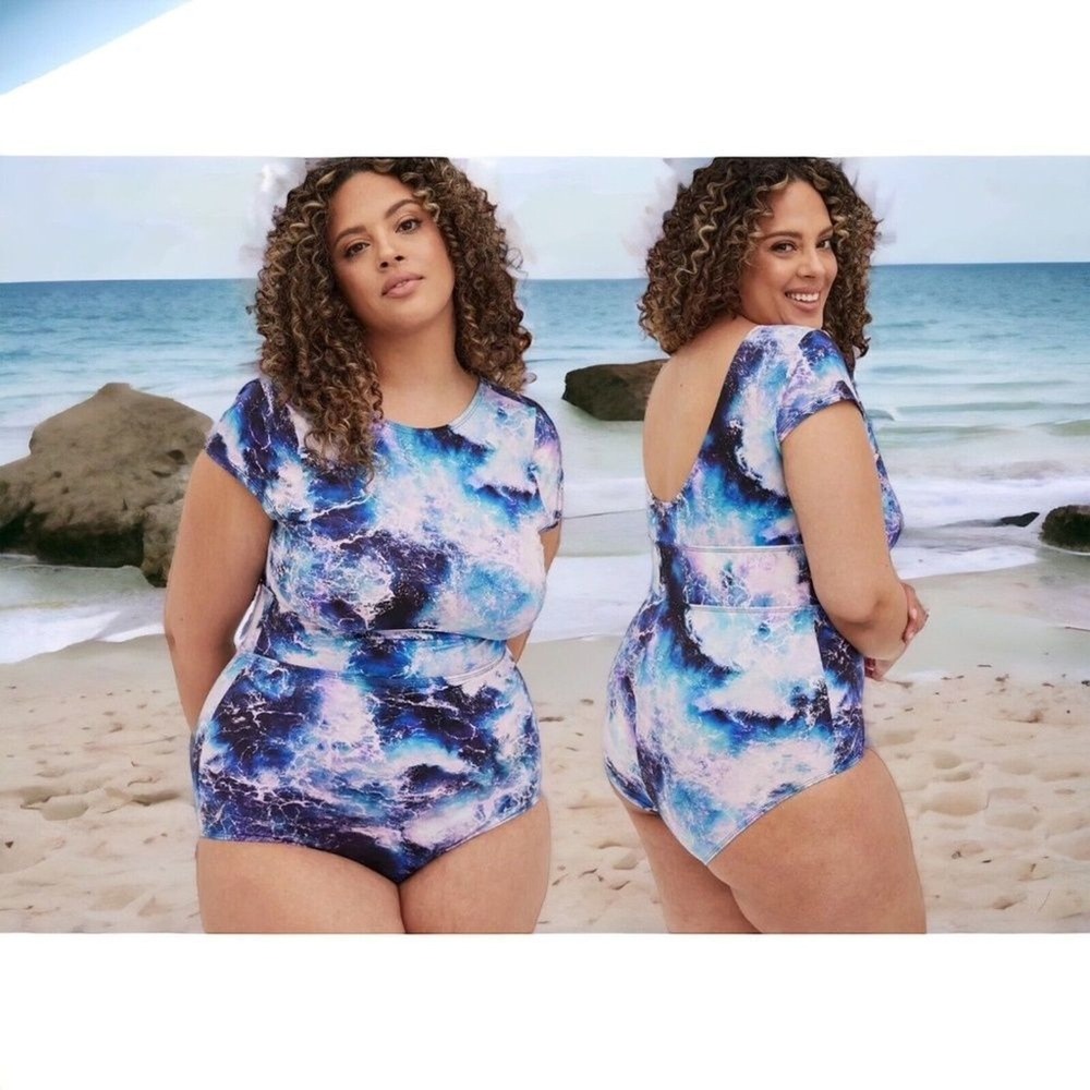 Torrid Blue Wave Active Wireless Scoop‎ Back One Piece Swimsuit Women 2X Vietnam